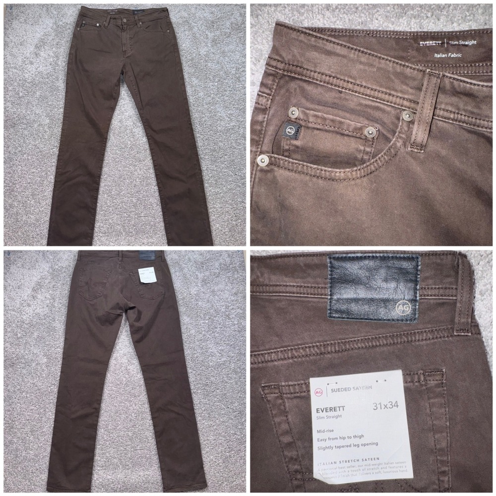 AG Everett Slim Straight Mens Italian Stretch Sueded Sateen Brown 31x34 NEW